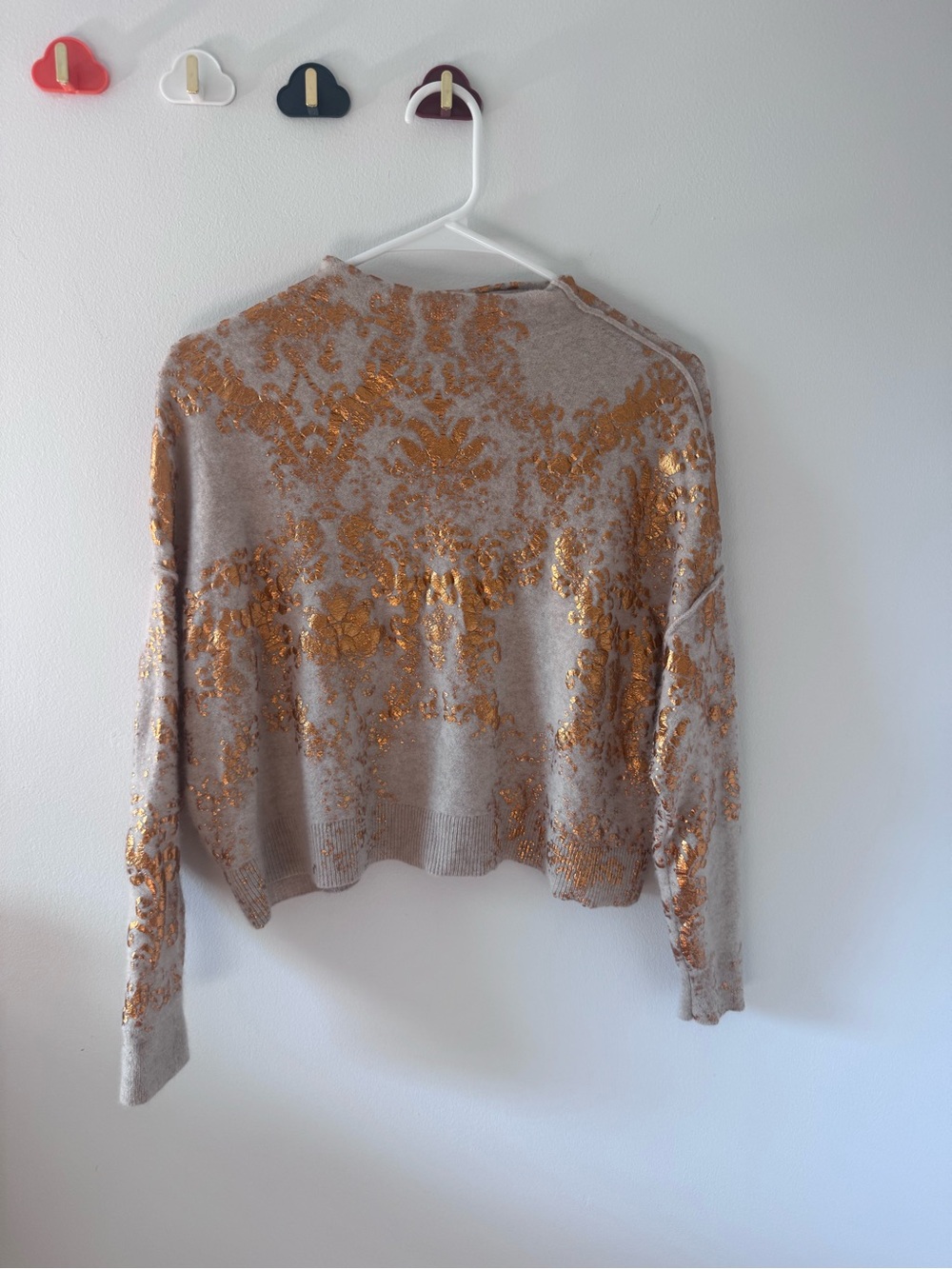 Pilcro Beige Cashmere Sweater with Metallic Gold Floral Pattern